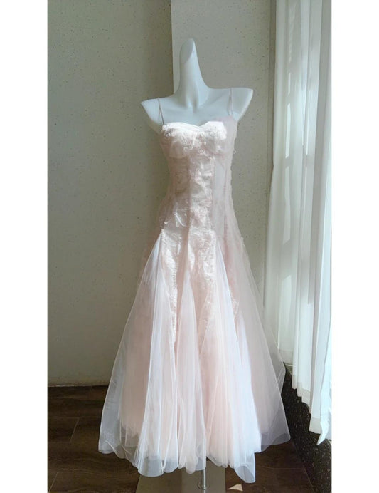 Robe de bal longue rose à bretelles spaghetti, coupe trapèze, en tulle, tenue de soirée d'anniversaire, ED02476