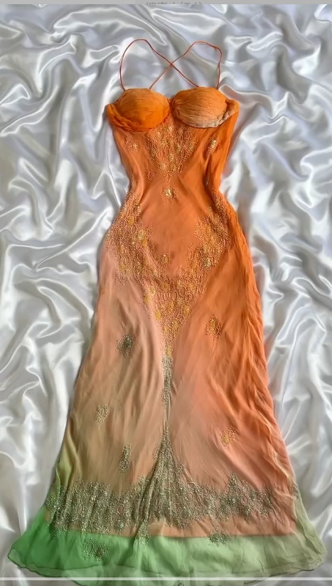 Robe de soirée fourreau vintage en mousseline de soie et dentelle, élégante, dégradé orange, bretelles spaghetti, ED02478