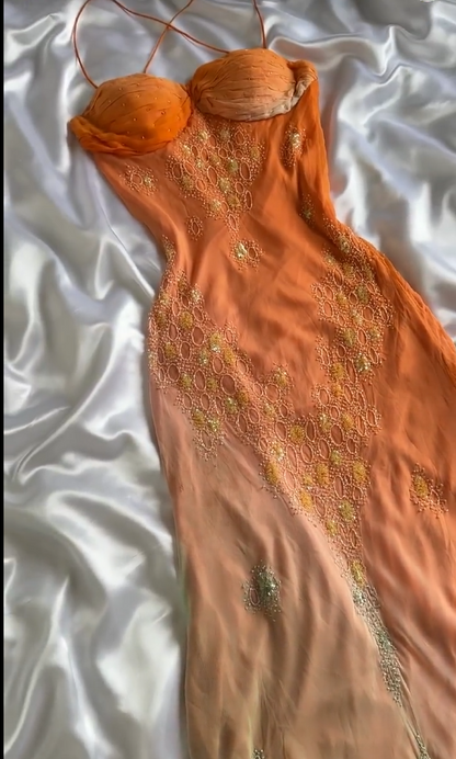 Vintage Gradient Orange Spaghettiträger Chiffon Spitze Etuikleid Ballkleider Elegante Abendkleider ED02478