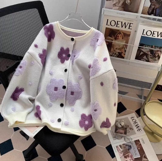 3D Flocked Flower Cardigan ED0247