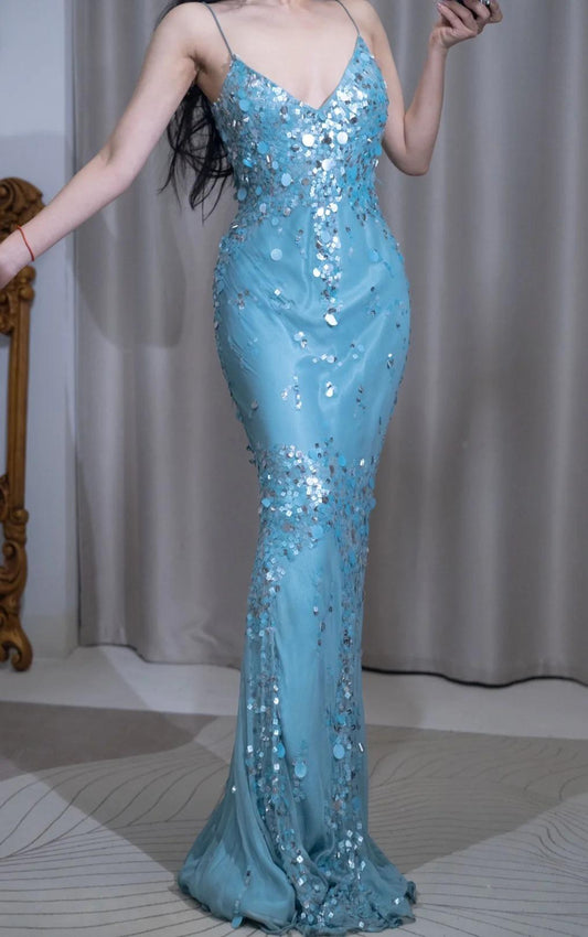 Robe de soirée longue en satin bleu à paillettes et col en V, élégante et sirène, ED02481