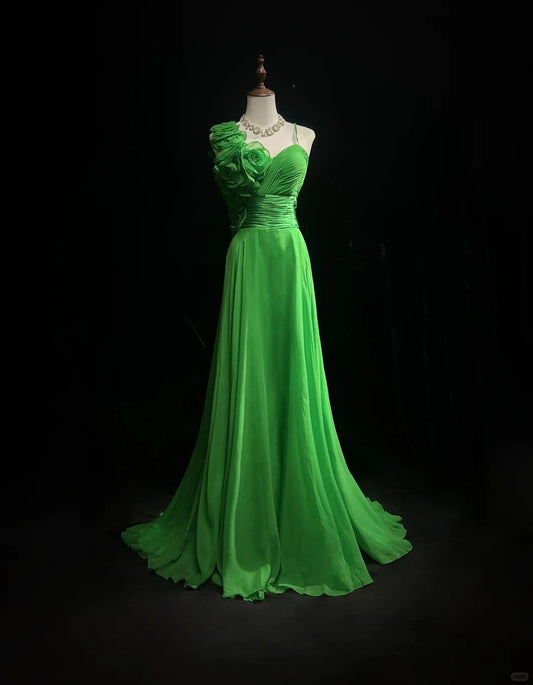 Superbe robe de bal longue en mousseline de soie, coupe trapèze, vert bourgeon, style vintage, ED02482