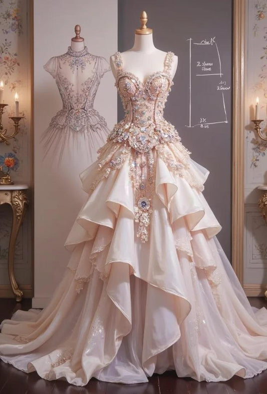 Superbe robe de bal longue en tulle et perles, décolleté en cœur, couleur champagne clair, style princesse, ED02483
