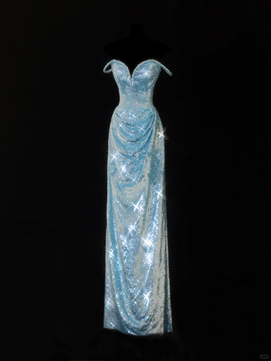 Robe de soirée longue à paillettes et épaules dénudées, style fourreau, bleu glamour Tiffany, ED02484