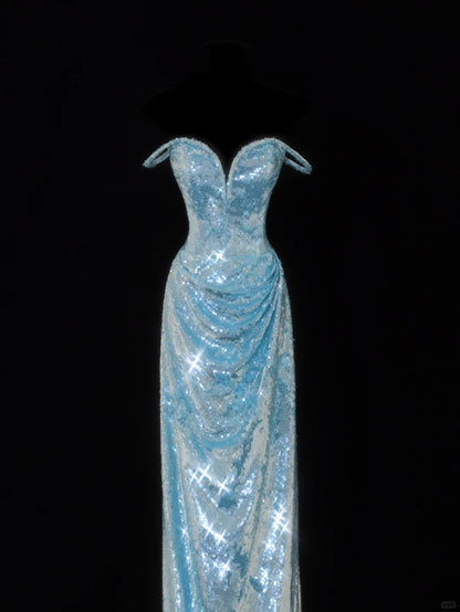 Robe de soirée longue à paillettes et épaules dénudées, style fourreau, bleu glamour Tiffany, ED02484