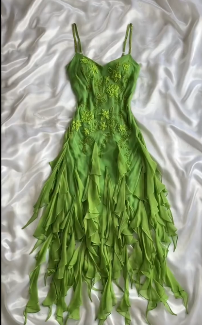 Stunning Bud Green Spaghetti Straps Bodycon Beaded Chiffon Short Prom Dresses Vintage Party Dresses with Appliques ED02485