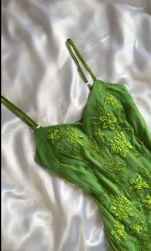 Stunning Bud Green Spaghetti Straps Bodycon Beaded Chiffon Short Prom Dresses Vintage Party Dresses with Appliques ED02485