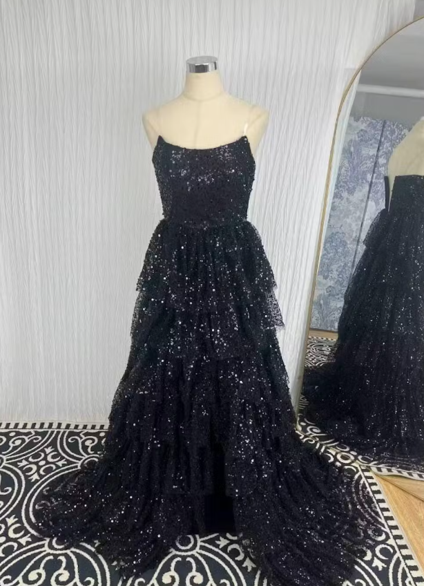 Shiny Black Strapless A-Line Sequin Slit Long Prom Dresses Formal Evening Gowns ED02486