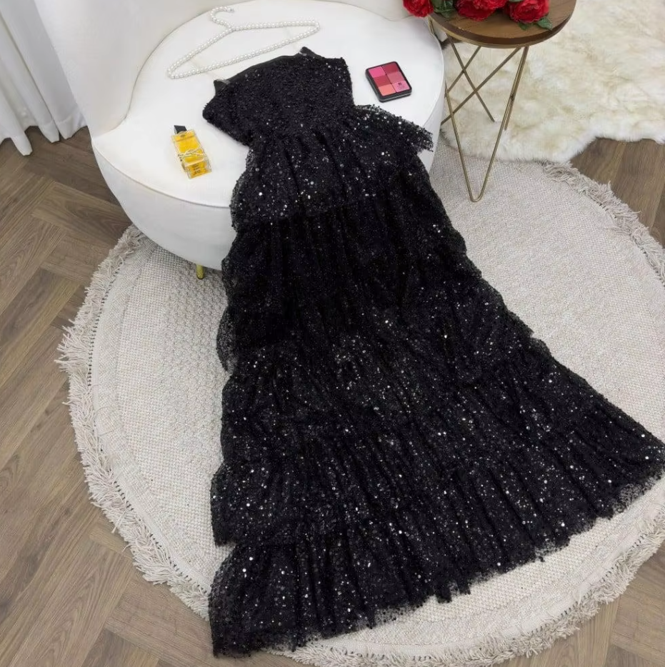 Shiny Black Strapless A-Line Sequin Slit Long Prom Dresses Formal Evening Gowns ED02486