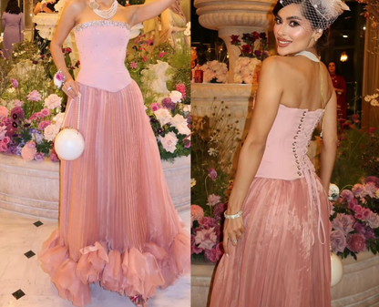 Elegant Pink Strapless A-Line Tulle Long Prom Dresses Formal Evening Gowns ED02487