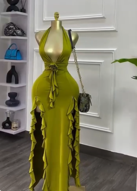 Glamouröses olivgrünes, figurbetontes Partykleid mit tiefem V-Ausschnitt, sexy Abendkleider aus Satin mit Schlitz, ED02488