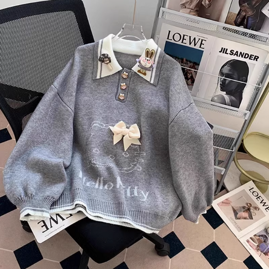 Preppy polo neck knitted long sleeve sweater ED0248