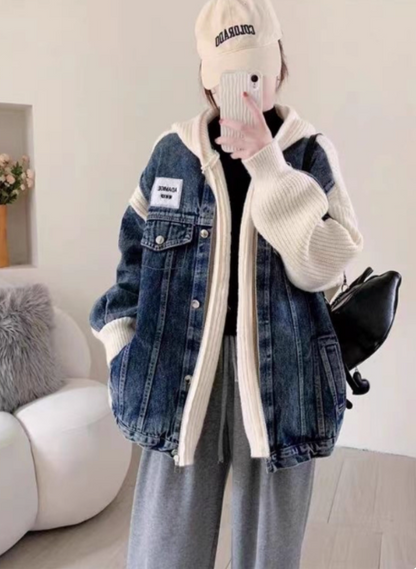 Denim patchwork hooded zip-up cardigan jacket ED0249