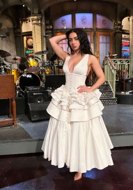 Elegantes weißes A-Linien-Partykleid aus Jacquard-Satin mit tiefem V-Ausschnitt und schlichten Abendkleidern ED02490