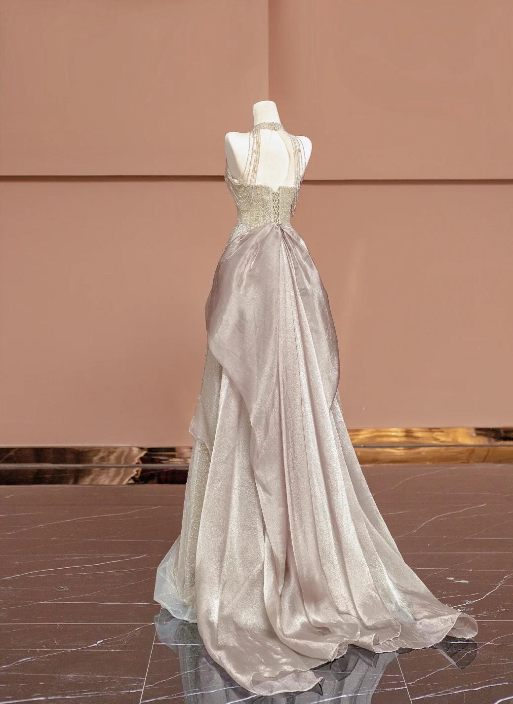 Superbe robe de bal longue en tulle perlé, col en V, couleur champagne, robe de soirée formelle ED02494