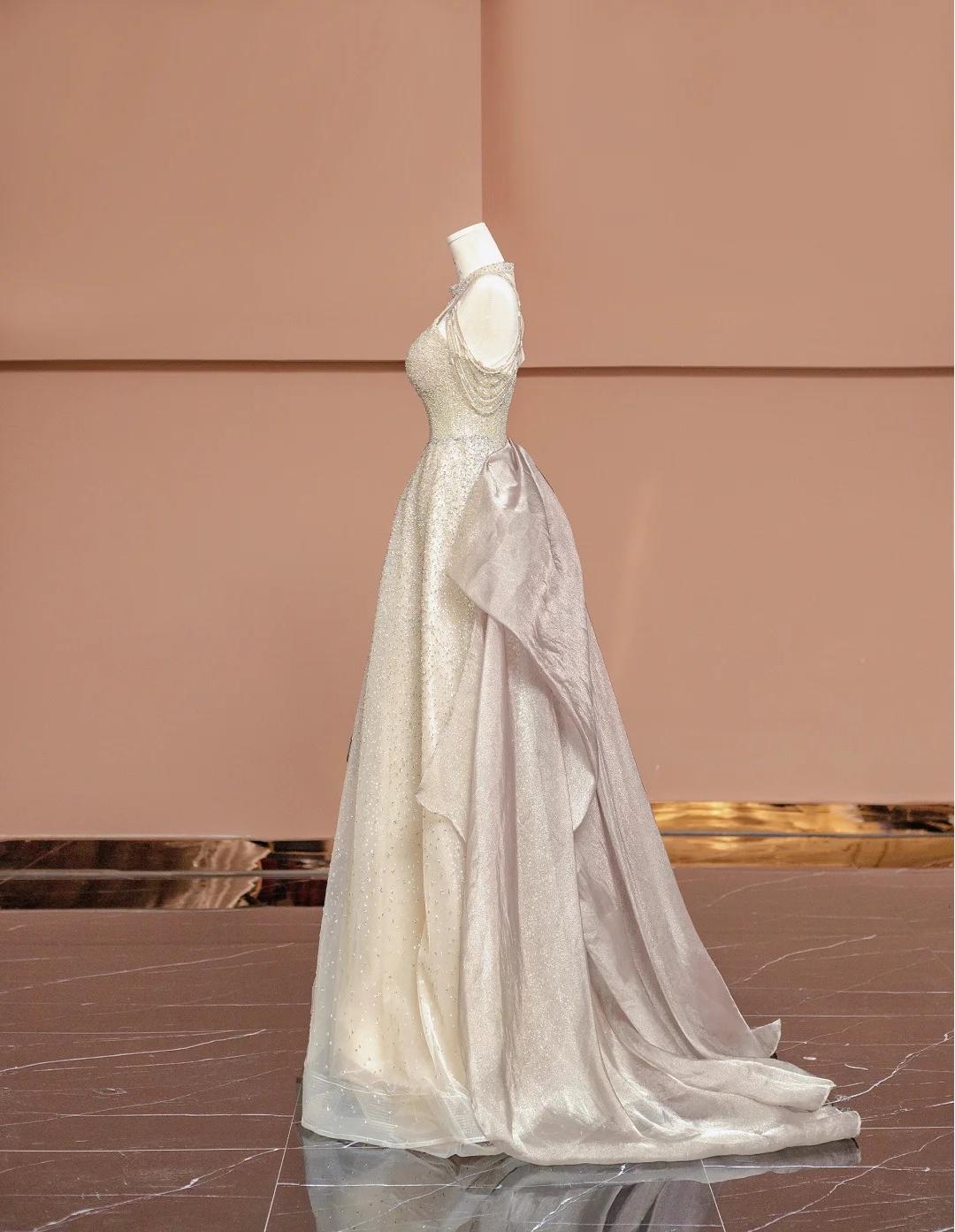 Superbe robe de bal longue en tulle perlé, col en V, couleur champagne, robe de soirée formelle ED02494