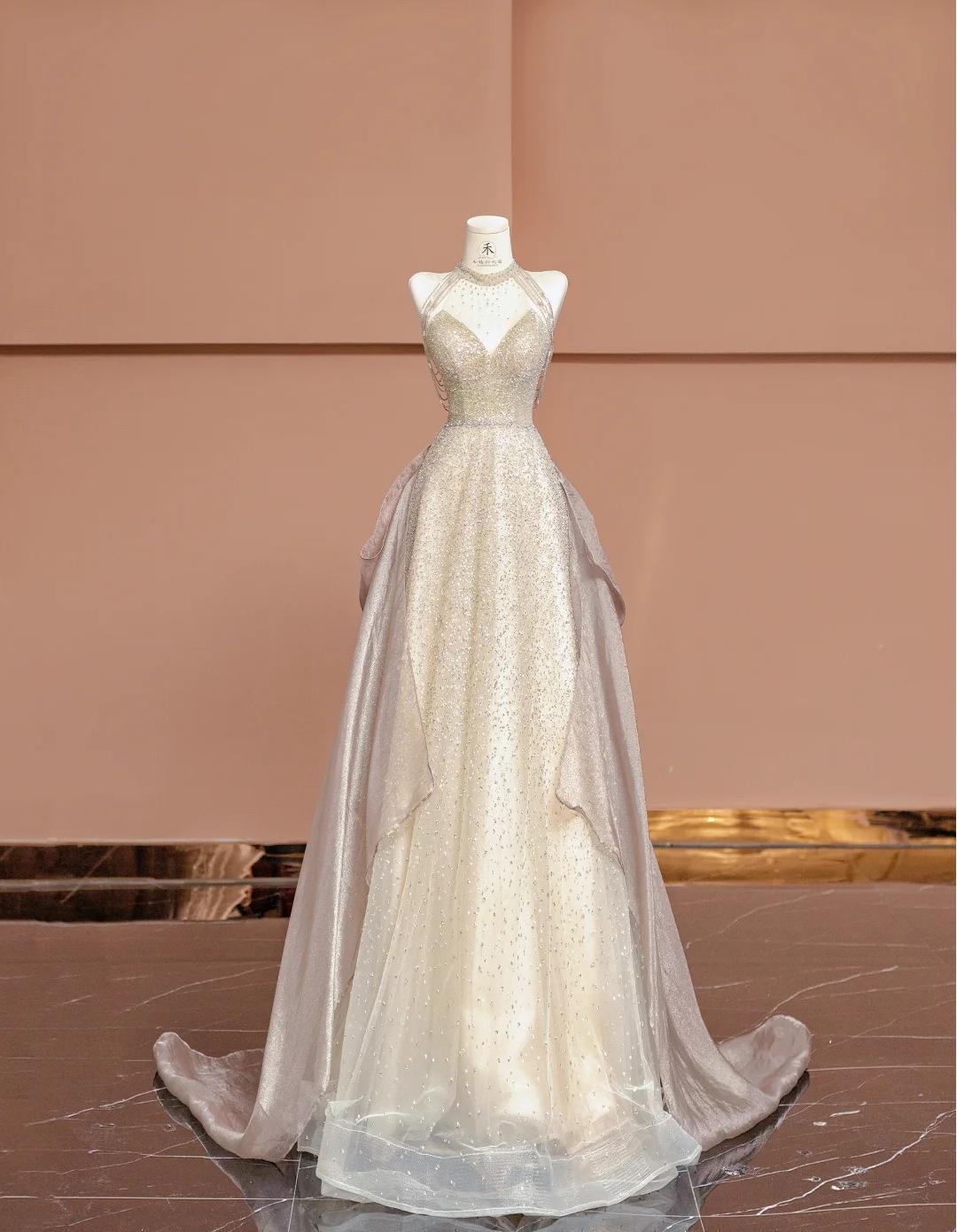 Superbe robe de bal longue en tulle perlé, col en V, couleur champagne, robe de soirée formelle ED02494