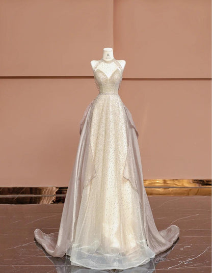 Superbe robe de bal longue en tulle perlé, col en V, couleur champagne, robe de soirée formelle ED02494