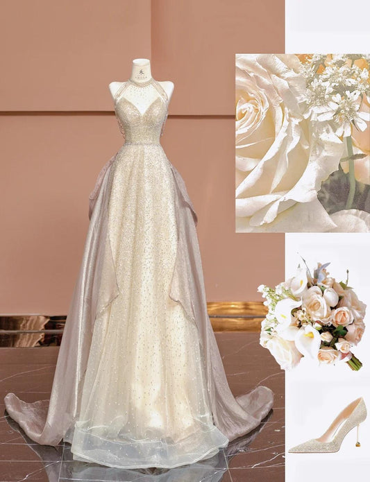 Wunderschönes Champagner-A-Linien-Ballkleid mit V-Ausschnitt und Perlenbesetztem Tüll, langes Abendkleid, formelle Abendkleider ED02494