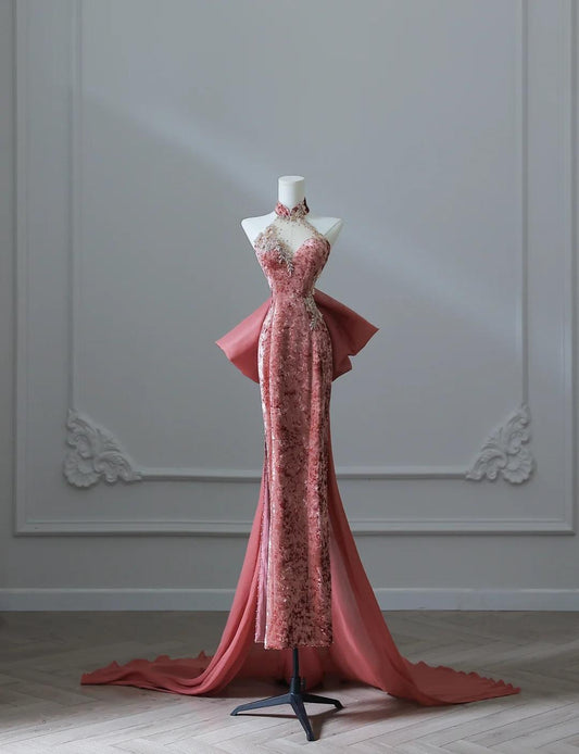 Elegantes, dunkles Pfirsich-Etuikleid mit Stehkragen und bedrucktem Samt, lange Ballkleider, formelle Abendkleider ED02495