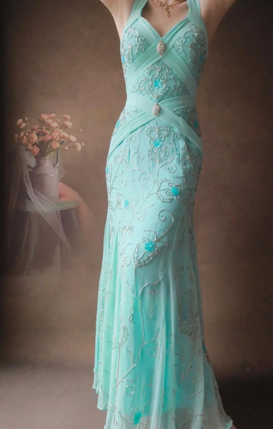 Wunderschönes, tiffanyblaues Meerjungfrau-Kleid mit V-Ausschnitt und Perlen, langes, rückenfreies, formelles Abendkleid, ED02496