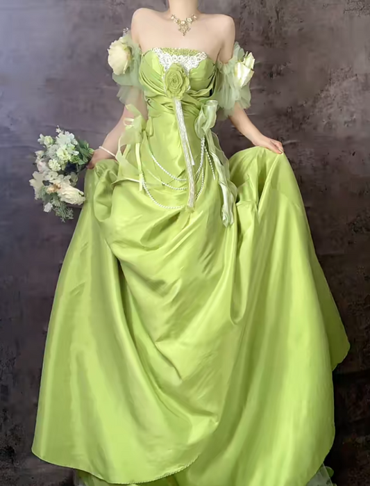 Süßes grünes schulterfreies A-Linien-Satin-Langballkleid, formelle Abendkleider, ED02498