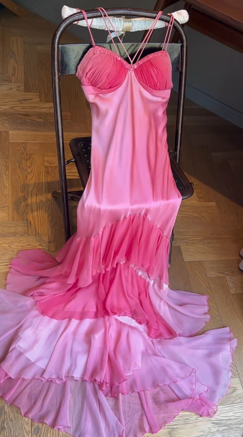Elegante Rosa Träger Meerjungfrau Satin Lange Ballkleider Formale Abendkleider ED02499