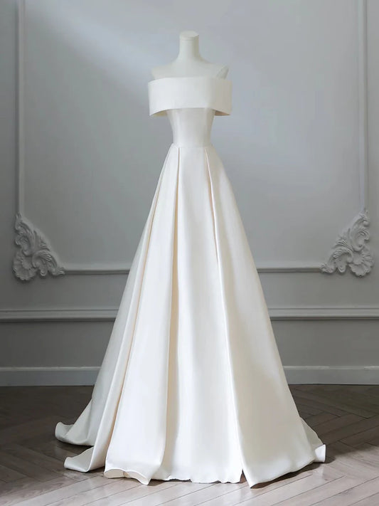 Robe de bal longue en satin champagne clair, coupe trapèze, épaules dénudées, robe de soirée champagne clair ED025