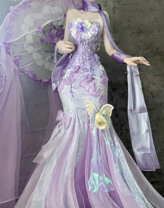 Wunderschöne Lila Trägerlose Meerjungfrau Tüll Applique Lange Ballkleider Sweet 16 Abendkleider ED02501