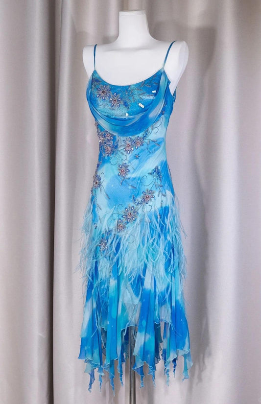 Stunning Blue Spaghetti Straps Sheath Chiffon Beaded Short Prom Dresses ED02502