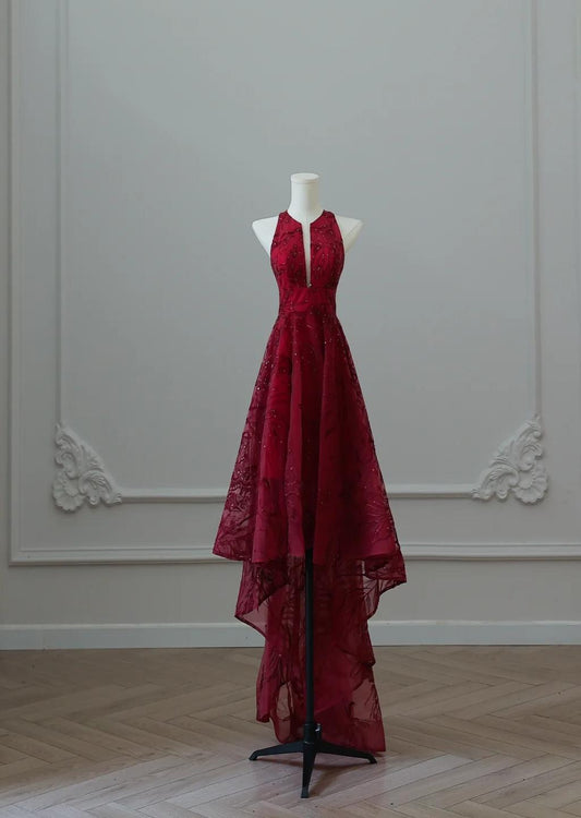 Elegantes rotes A-Linien-Ballkleid mit Rundhalsausschnitt und Tüll, Hi-Lo, formelle Abendkleider, ED02503