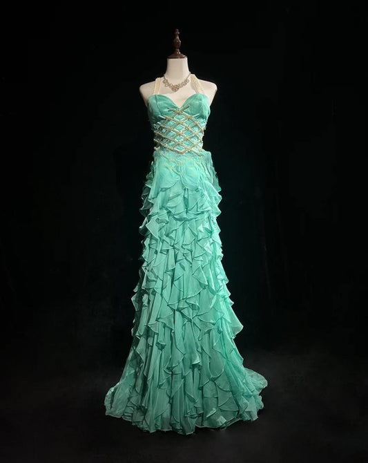 Süße Mintgrün Liebsten Meerjungfrau Chiffon Lange Ballkleider Backless Formale Abendkleider ED02505