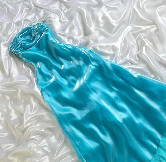 Superbe robe de bal trapèze bustier en satin bleu, robe de soirée d'anniversaire ED02511