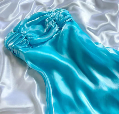 Superbe robe de bal trapèze bustier en satin bleu, robe de soirée d'anniversaire ED02511