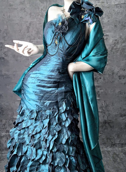 Superbe robe de soirée longue en taffetas bleu sarcelle, asymétrique, style sirène, ED02513
