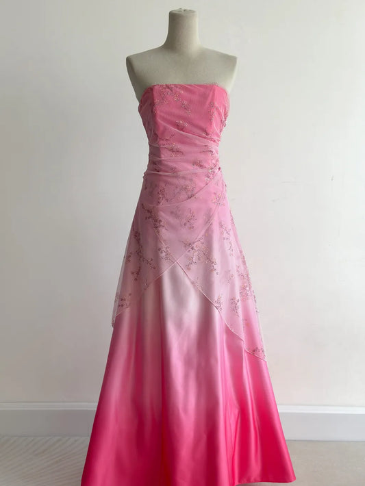 Robe de bal trapèze en satin rose dégradé, sans bretelles, style vintage, avec perles, ED02514
