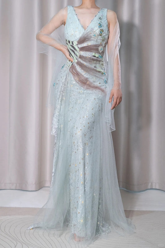 Superbe robe de bal vert clair à col en V, en tulle, coupe trapèze, en dentelle et paillettes, dos nu, ED02515
