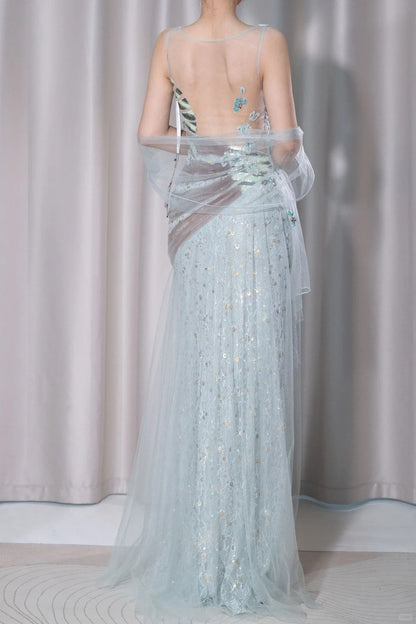 Superbe robe de bal vert clair à col en V, en tulle, coupe trapèze, en dentelle et paillettes, dos nu, ED02515