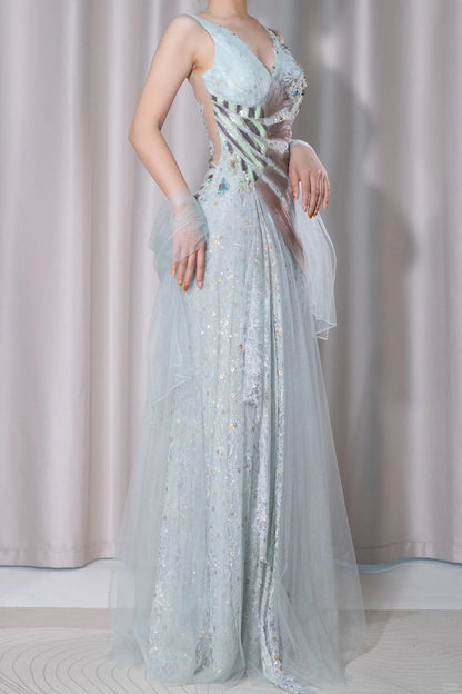 Superbe robe de bal vert clair à col en V, en tulle, coupe trapèze, en dentelle et paillettes, dos nu, ED02515