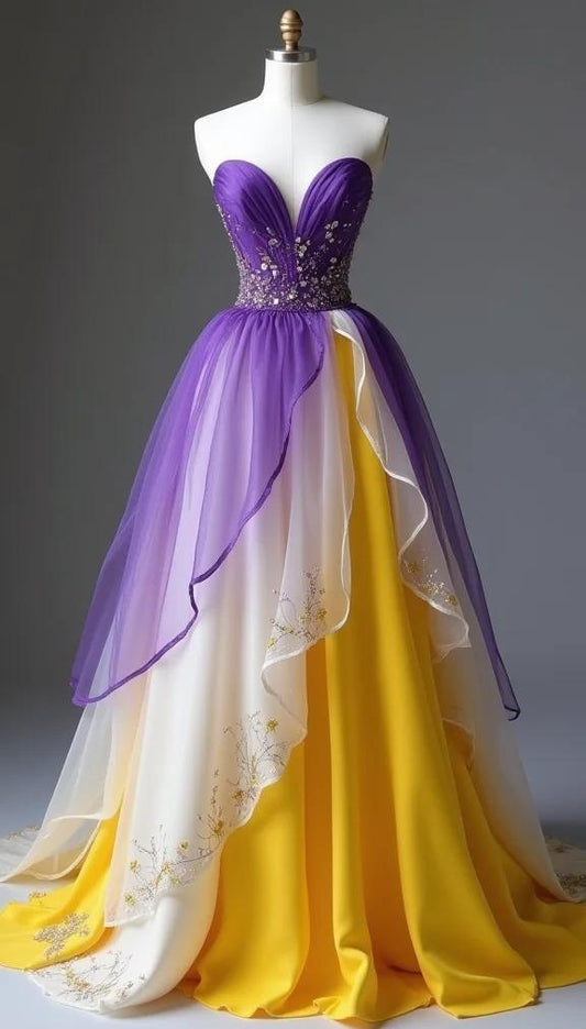 Superbe robe de bal violette en mousseline de soie et satin, coupe trapèze, décolleté en cœur, robe de soirée d'anniversaire, ED02516