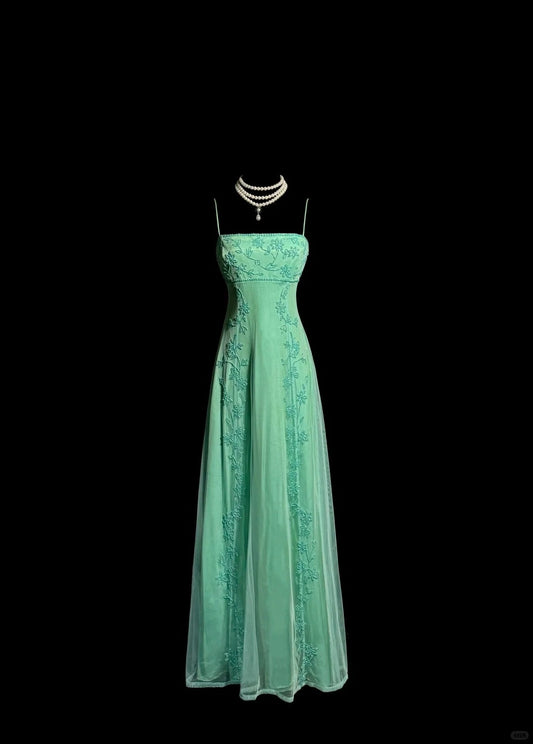 Superbe robe de bal empire en satin vert à bretelles spaghetti et perles, style vintage, ED02517