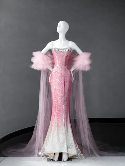 Superbe robe de soirée longue rose bustier style sirène à sequins ED02518