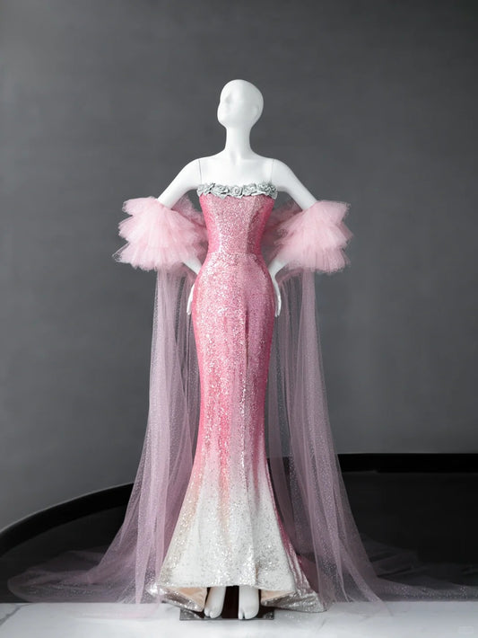 Superbe robe de soirée longue rose bustier style sirène à sequins ED02518