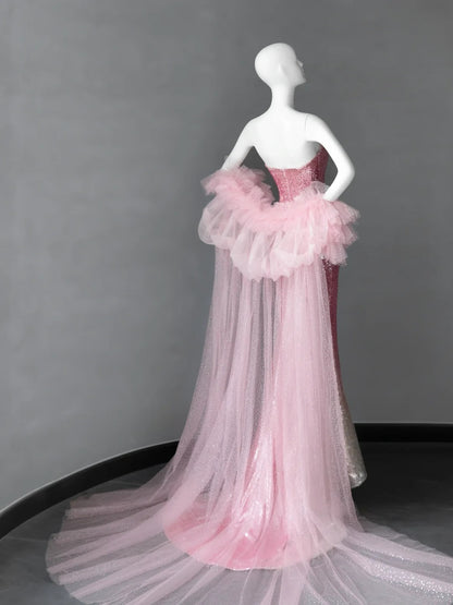 Superbe robe de soirée longue rose bustier style sirène à sequins ED02518