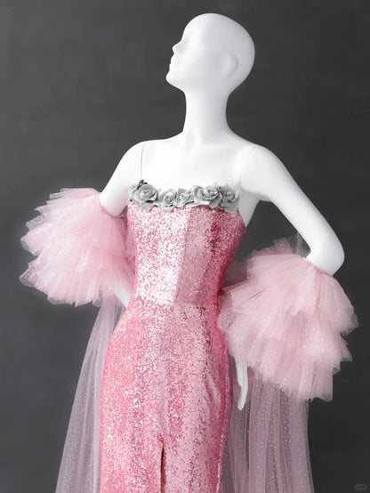 Superbe robe de soirée longue rose bustier style sirène à sequins ED02518