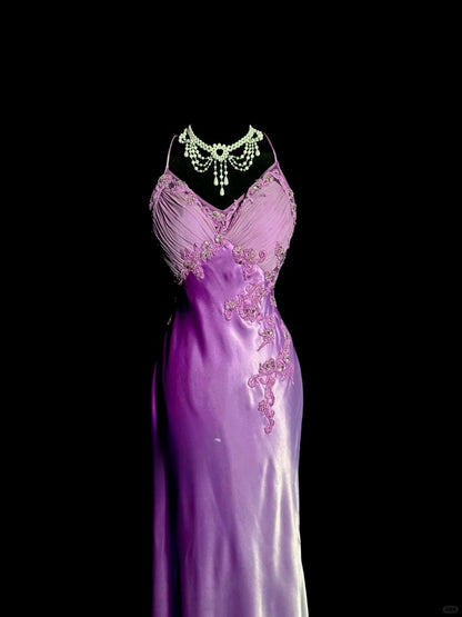Robe de soirée élégante en satin violet à col en V et dos nu, style sirène, ED02519