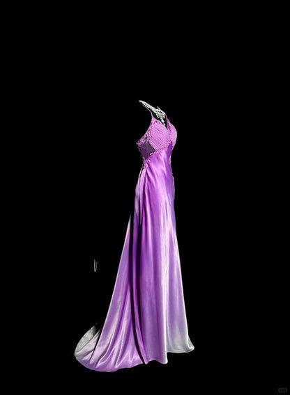 Robe de soirée élégante en satin violet à col en V et dos nu, style sirène, ED02519