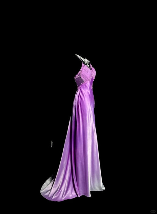 Robe de soirée élégante en satin violet à col en V et dos nu, style sirène, ED02519