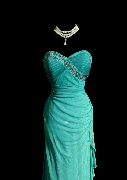 Robe de soirée fourreau en mousseline de soie bleu Tiffany à paillettes, décolleté en cœur, à volants, ED02520