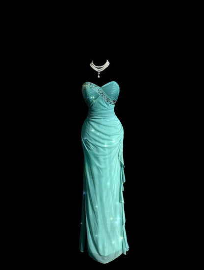 Robe de soirée fourreau en mousseline de soie bleu Tiffany à paillettes, décolleté en cœur, à volants, ED02520